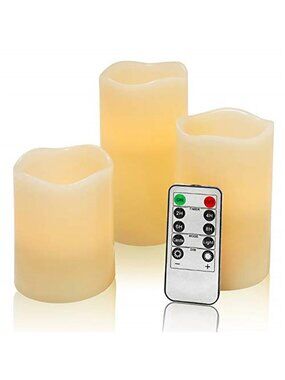 Flameless LED Pillar Candles Remote Timer Flickering Ivory Wax 3 Pack Decor